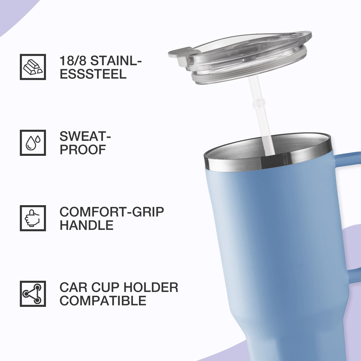 HONGBAKE 40 oz Tumbler with Handle and Straw Lid, Insulated Stainless Steel Tumbler, Travel Mug Fits Cup Holder, Dusty Lavender