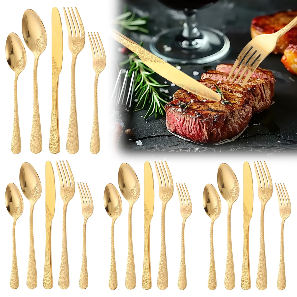 20 Pcs Floral Silverware Set Including Fork Spoon and Knife Stainless Steel Flatware Set Vintage Cutlery Set Mirror Polished Utensil Set for Kitchen Dishwasher Safe Service for 4