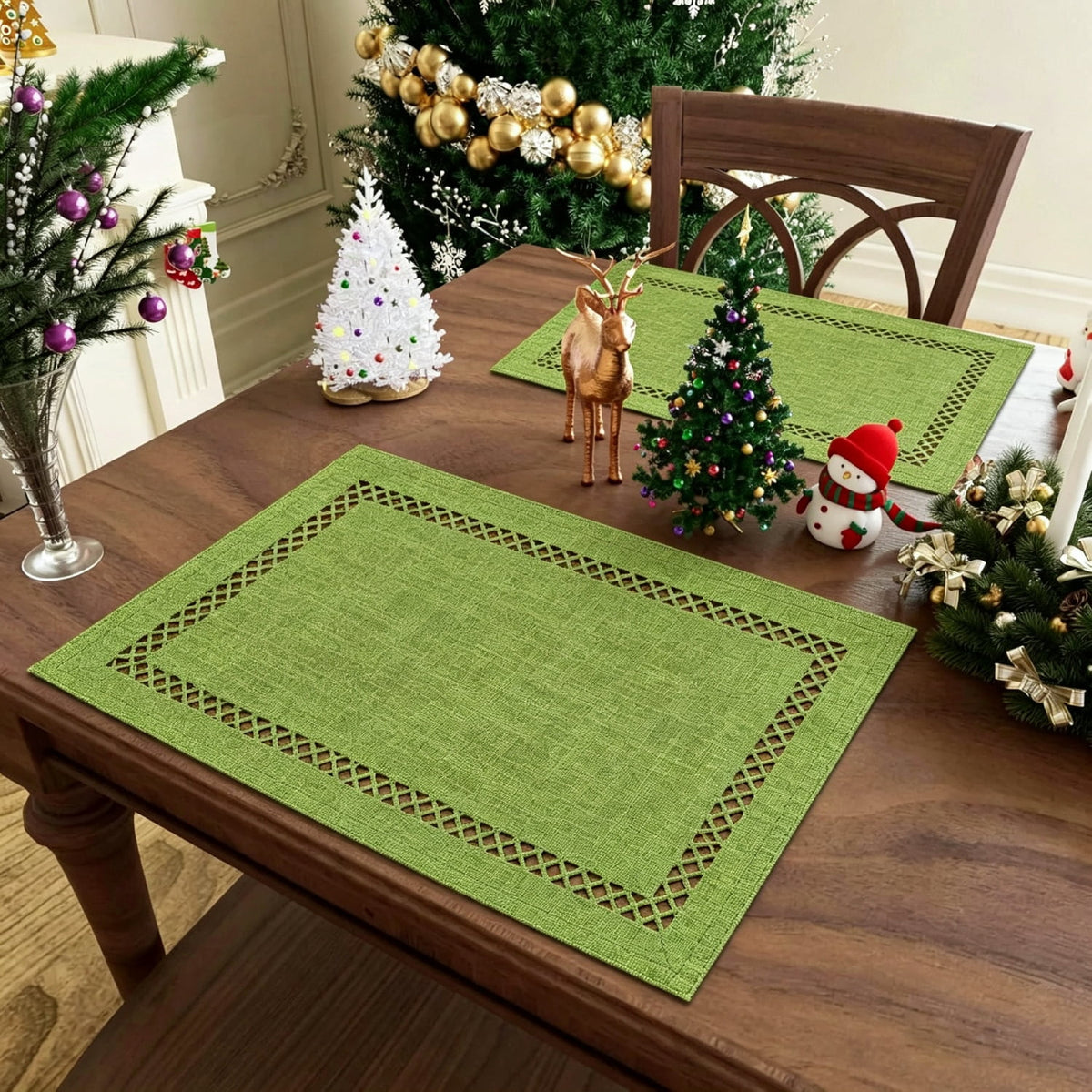 Placemats Set of 4, Yamaziot Double Layer Cloth Fabric Heat Resistant Place Mat, Washable Reversible Rectangle Dining Table Mats, Hollow Khaki, 12"x18"