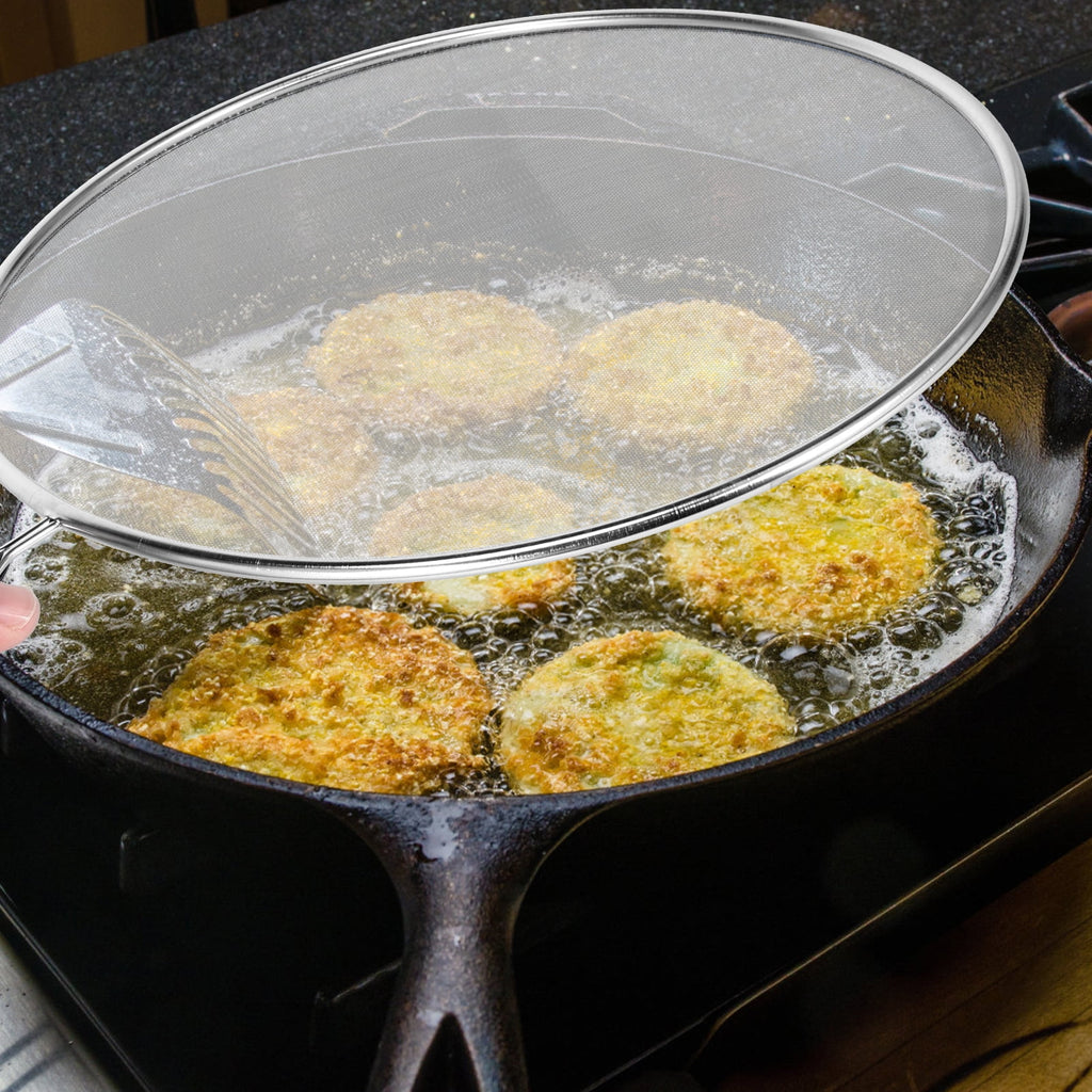 3 Piece Stainless Steel Fine Mesh Splatter Screen Set, 13", 11.4", 9.8" Splatter Screen for Frying Pan, Grease Splatter Guard with Heat-Resistant Handles