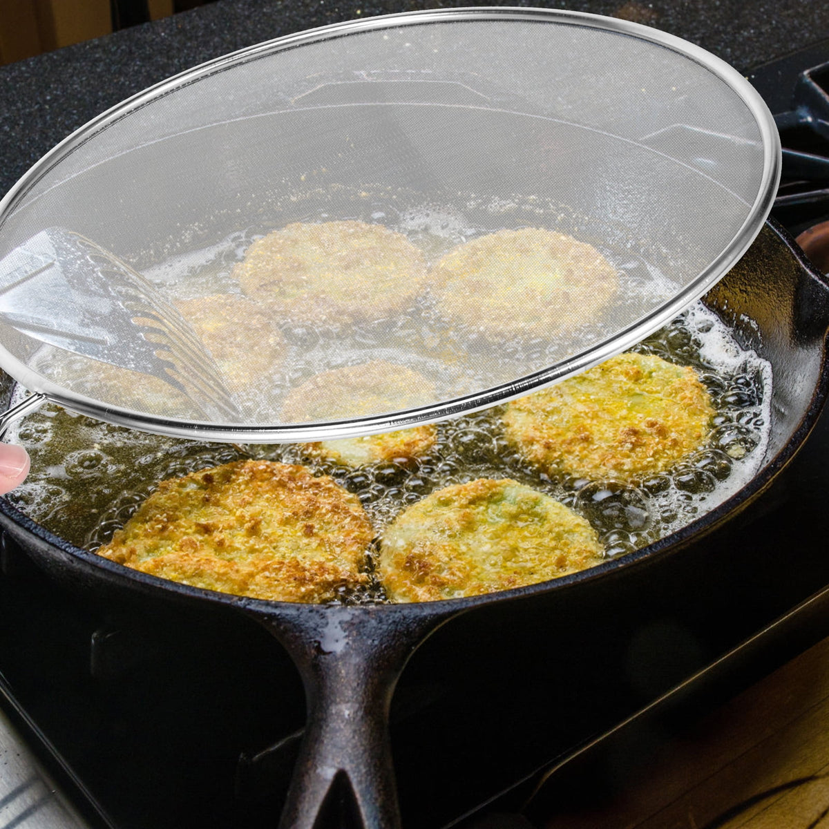 3 Piece Stainless Steel Fine Mesh Splatter Screen Set, 13", 11.4", 9.8" Splatter Screen for Frying Pan, Grease Splatter Guard with Heat-Resistant Handles
