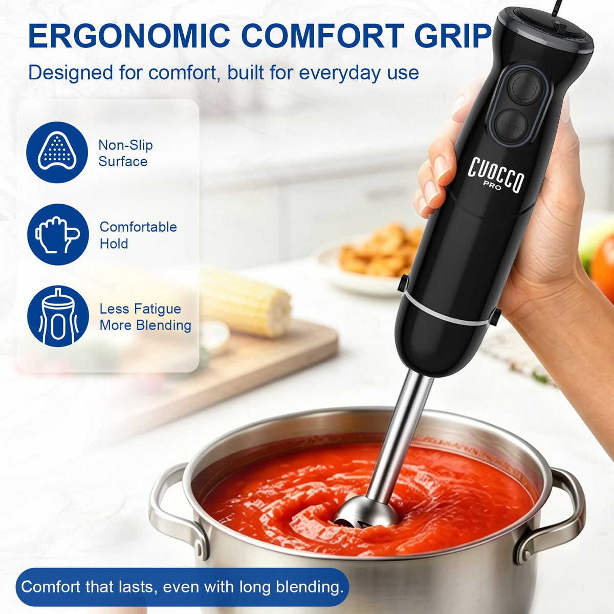 CUOCCO PRO Immersion Blender Handheld, 1100W Hand Blender with 21 Speeds & Turbo, Hand Mixer for Smoothies, Soups & Baby Food, Dishwasher Safe, Red