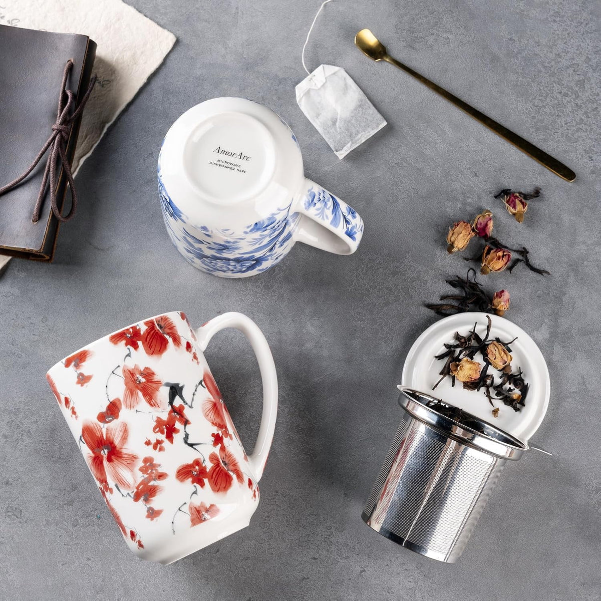 AmorArc Porcelain Tea Mug with Infuser and Lids, 18 Oz Cup Strainer Bag Holder for Loose Leaf Tea, Steeping Coffee Well-wrapped Box House-warming Wedding Birthday Gift, YelloRed