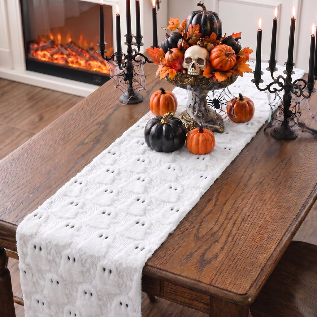 Sm:)e White Ghost Halloween Table Runner 13x72 Inch, Soft Plush Faux Fur Mantel Kitchen Dining Table Decor, Halloween Home Party Decor