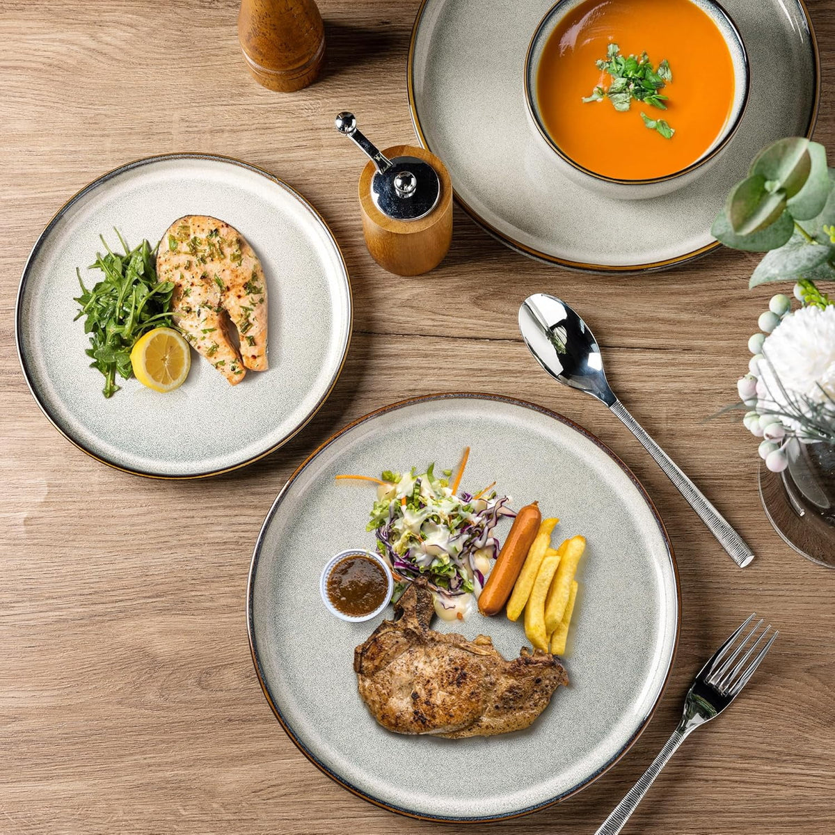 AmorArc Ceramic Dinnerware Sets for 4, 12 Pieces Stoneware Plates and Bowls Sets, Reactive Glaze Dishes -Scratch Resistant, Dishwasher&Microwave Safe, Space Blue (Service for 4)