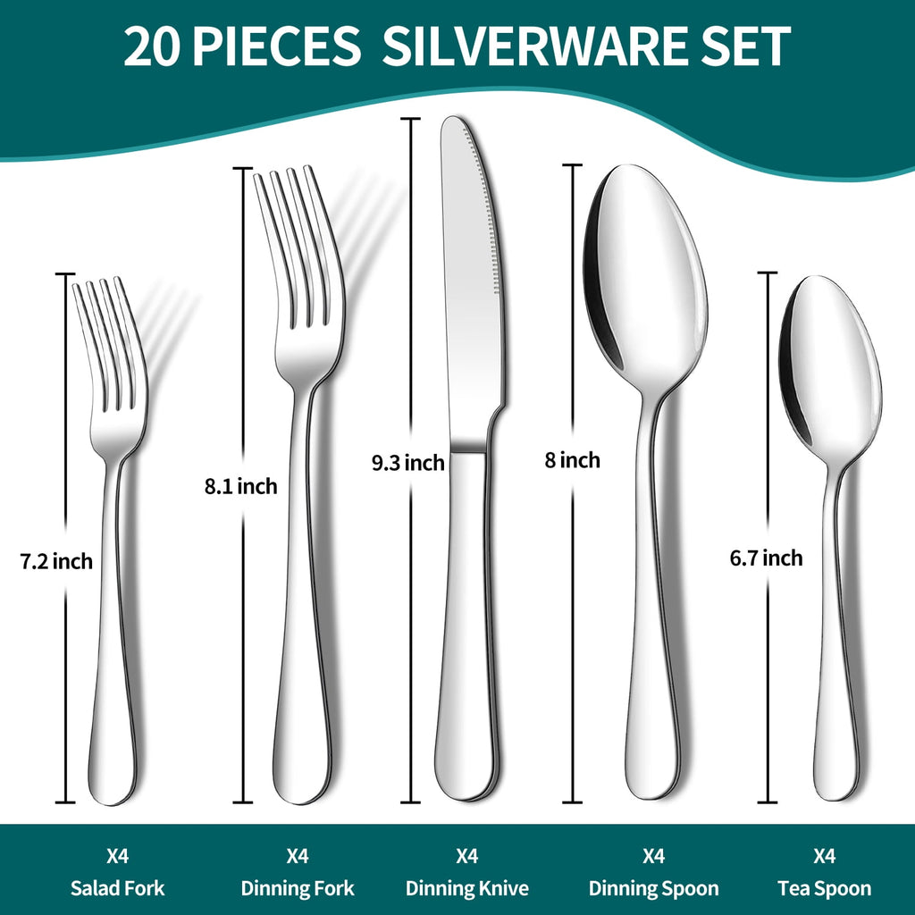 20 Piece Silverware Set, ENLOY Stainless Steel Solid Flatware Cutlery for 4, Modern & Elegant Design, High Quality Gift