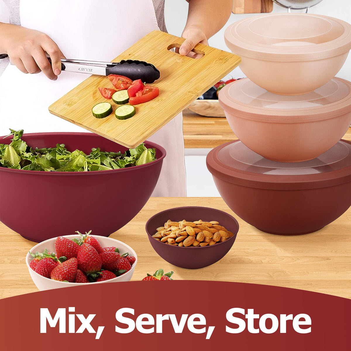 Vesteel 6Pcs Mixing Bowl Set with Lids, Plastic Nesting Bowls for Mixing, Storage, Kitchen Prepping, Serving Food, Microwave & Dishwasher Safe - Multi-color