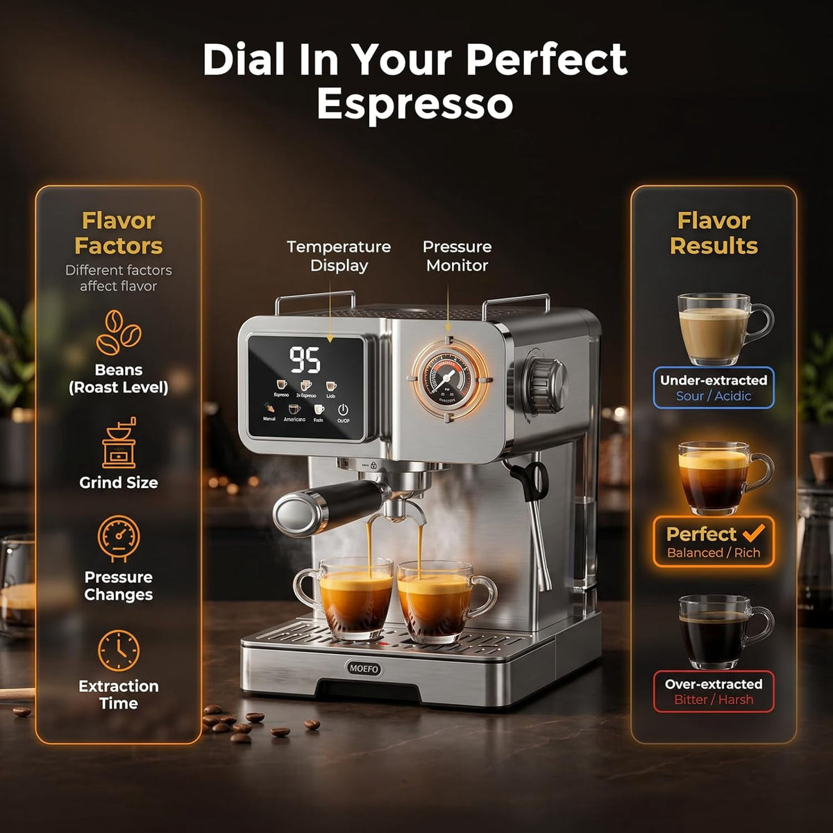 MOEFO 58mm Espresso Machine with Milk Frother, Semi Automatic Coffee Maker with Touchscreen LCD Display & Pressure Gauge, Stainless Steel Espresso Maker for Latte, Cappuccino and Americano, Silver