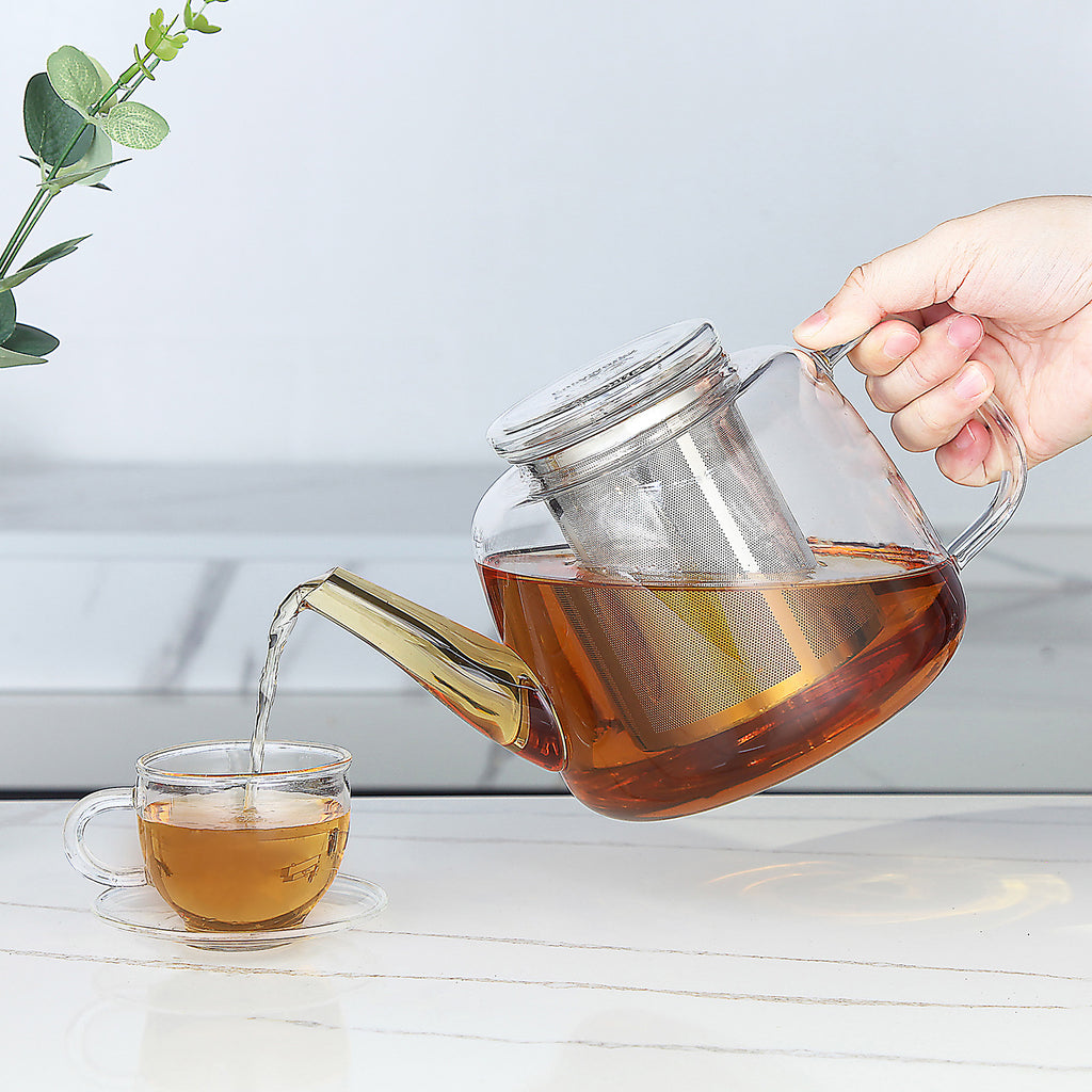 Easyworkz Borosilicate Glass Teapot 50oz with Large Stainless Steel Removable Loose Tea Infuser for Fruit Herbal and Infusion, Smoke Grey