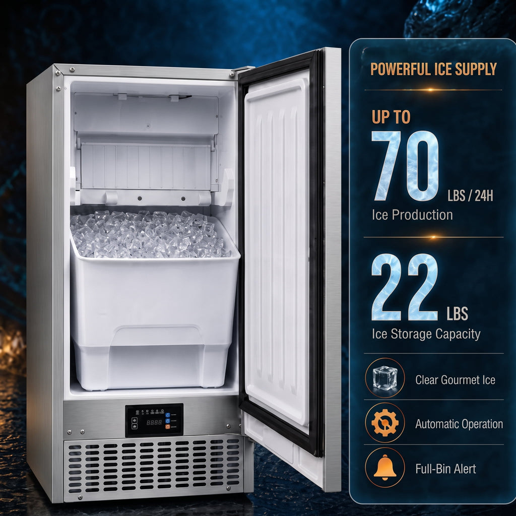 RIOXC Gourmet Top Hat Ice Maker 70 lbs, 15 Inch Built-in Undercounter Machine, Spray Tech for Home Bar & Commercial, ETL