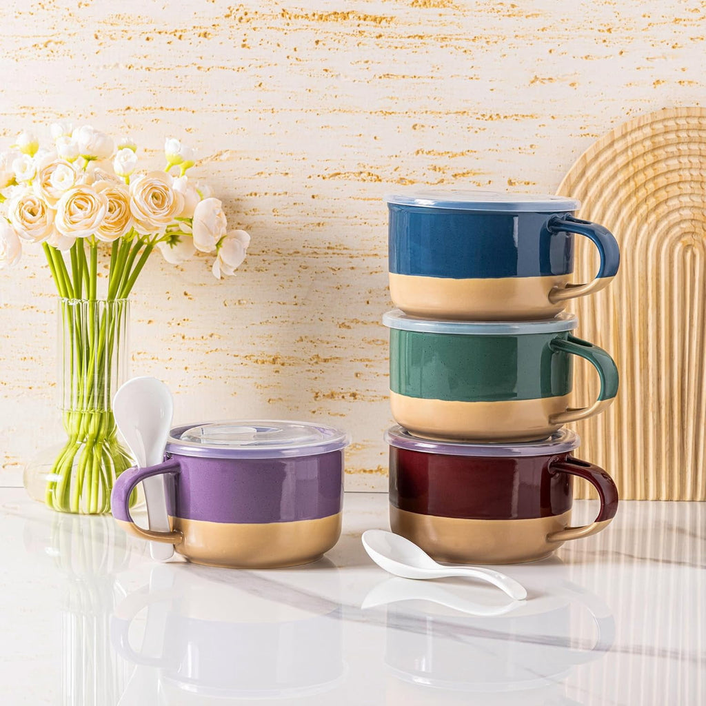 AmorArc Ceramic Soup Mugs with Handles and Lids,24 OZ Soup Cups Set of 2 with Terracotta Underside,Mug Bowls with Spoon for Soup/Cereal/Salad/Noodles/Ramen/Microware &Dishwasher Safe-White &Peach