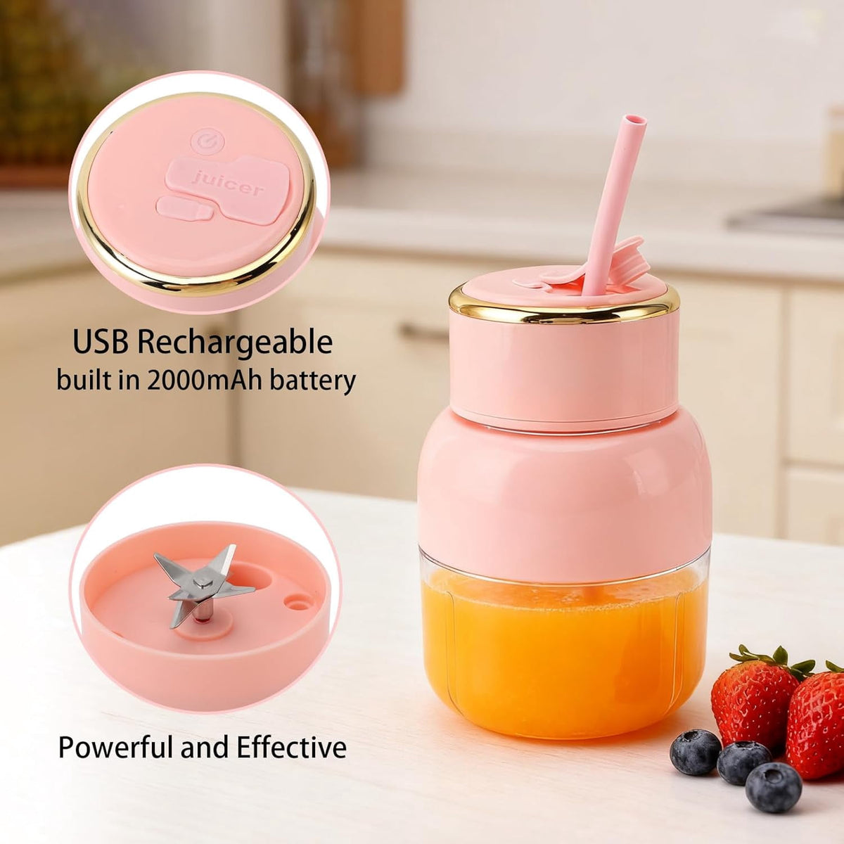 Portable Blender – USB Rechargeable 800ml Juice Blender with 6 Blades, Mini Juicer Cup for Shakes and Smoothies, for Sports, Travel, Gym, Office (White)