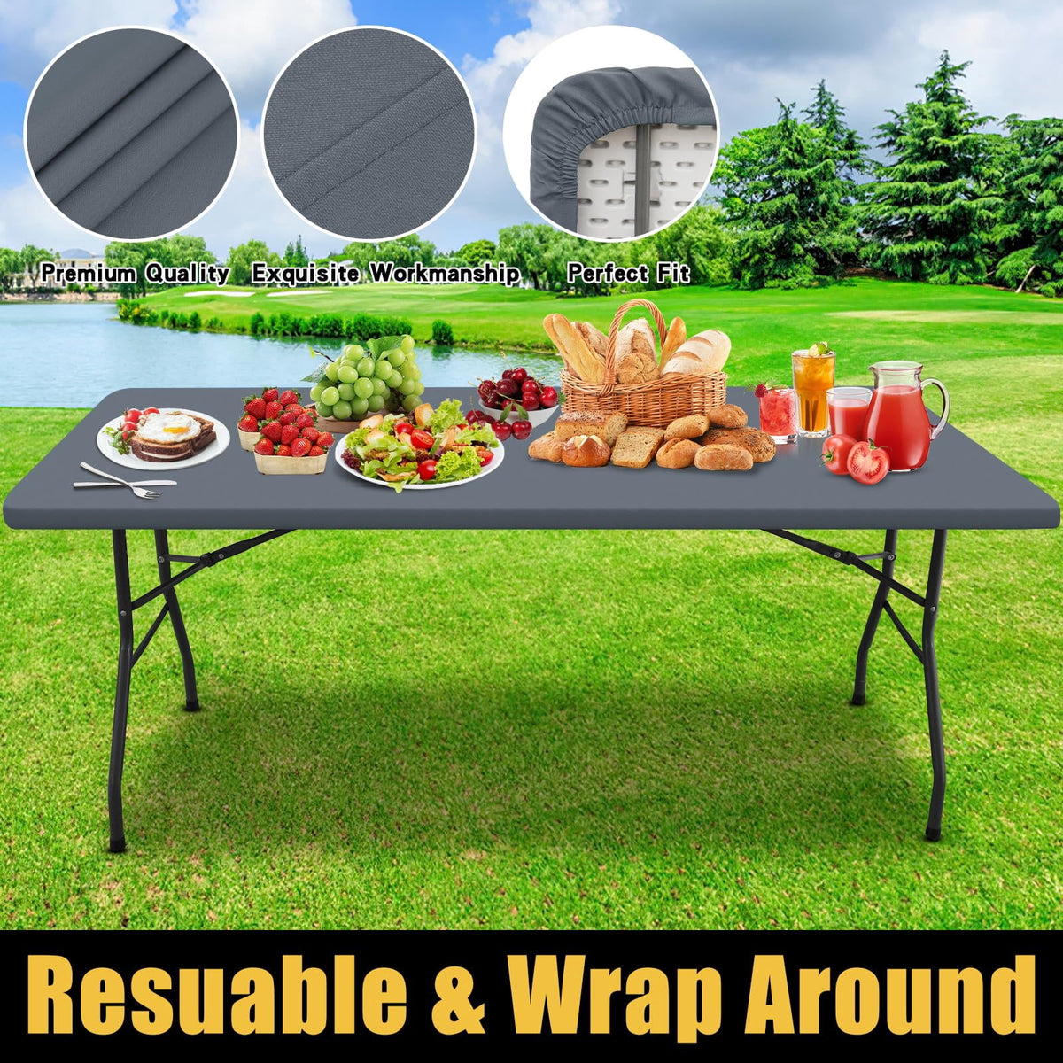 Smiry Rectangle Picnic Tablecloth, Waterproof Wipeable Table Cloth, Washable Elastic Table Cover for Outdoor and Indoor, 30"x72", Black