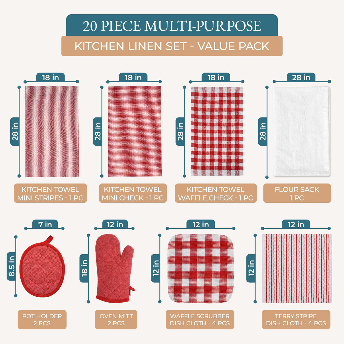 20 Piece Kitchen Towel Set - Cotton Dish Towels, Heat Resistant Kitchen Mittens and Pot Holder Set, Apron for Women with Pockets , Absorbent Dish Towels for Kitchen Drying - Olive