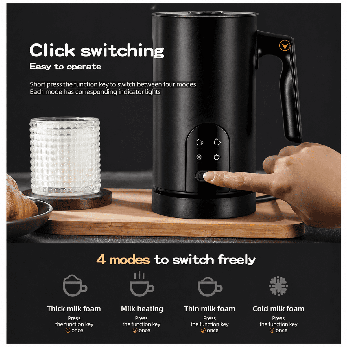 Large Capacity Milk Frother: 4-in-1 Electric Milk Steamer, Hot & Cold Foam Maker, Helpful Stainless Steel for Latte - Black
