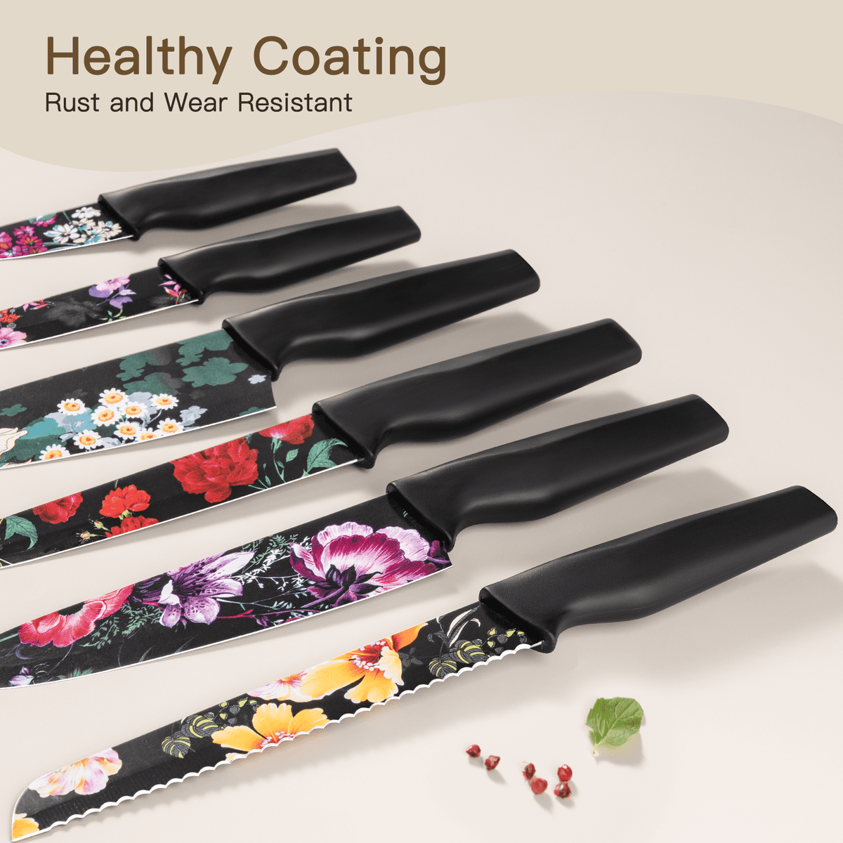 Astercook 6 Piece Flower Kitchen Knife Set, German High Carbon Stainless Steel Knives Sets with 6 Blade Guards Dishwasher Safe, Perfect Gifts for Kitchen