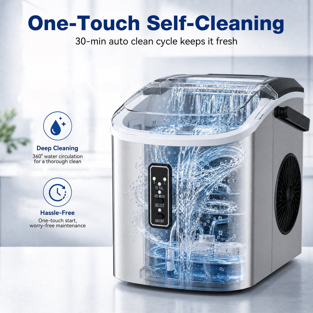 Snowyermine Countertop Ice Maker with Handle, 26 lbs/24H Portable Ice Machine, 2 Bullet Ice Sizes, 9 Cubes in 6 Minutes, Self-Cleaning for Home, Bar, RV and Camping