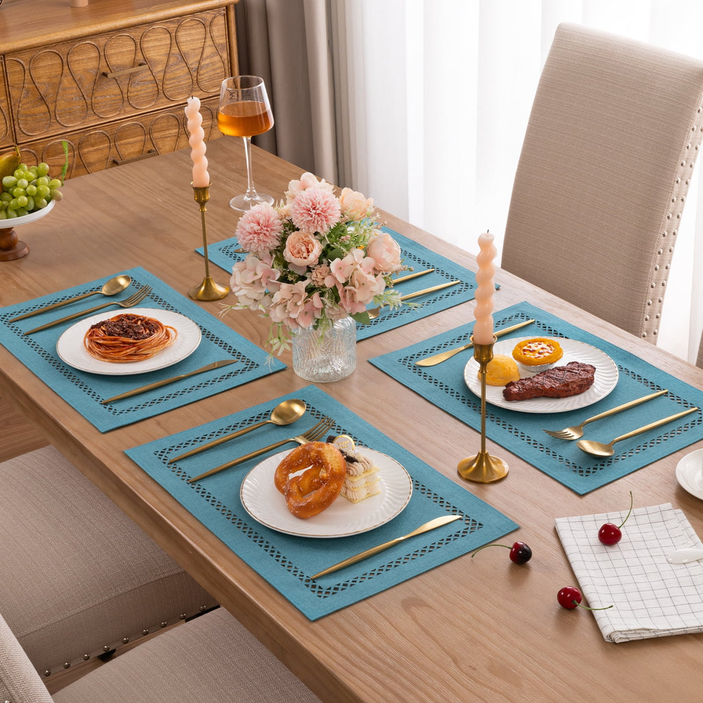 Placemats Set of 4, Yamaziot Double Layer Cloth Fabric Heat Resistant Place Mat, Washable Reversible Rectangle Dining Table Mats, Hollow Khaki, 12"x18"