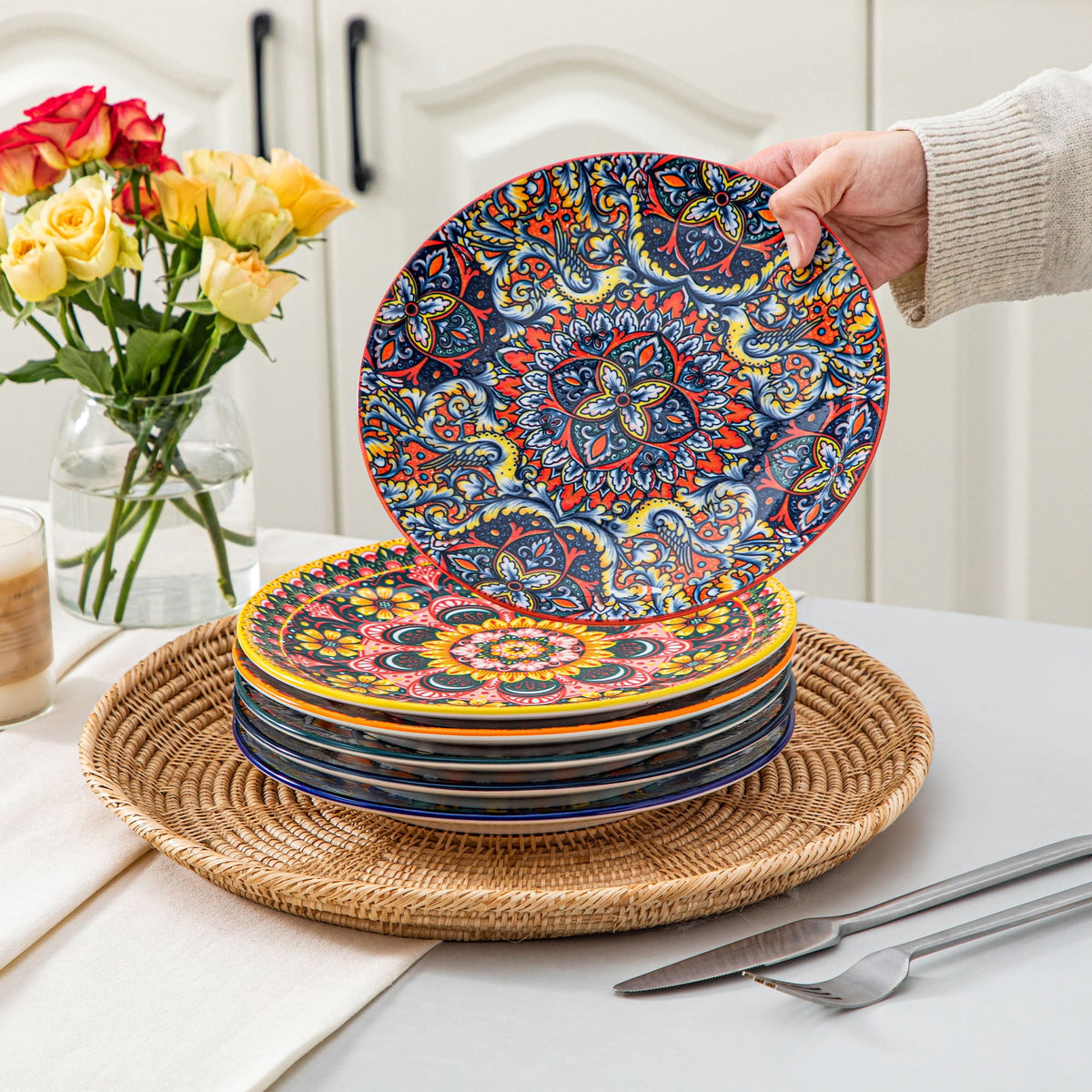 Vancasso Dinner Plates Set of 6, 8.5" Ceramic Dessert Plates, Dinnerware Dishes Set for Salad, Snack, Cake, Microwave & Dishwasher Safe, Bohemian Style, Series LUMI