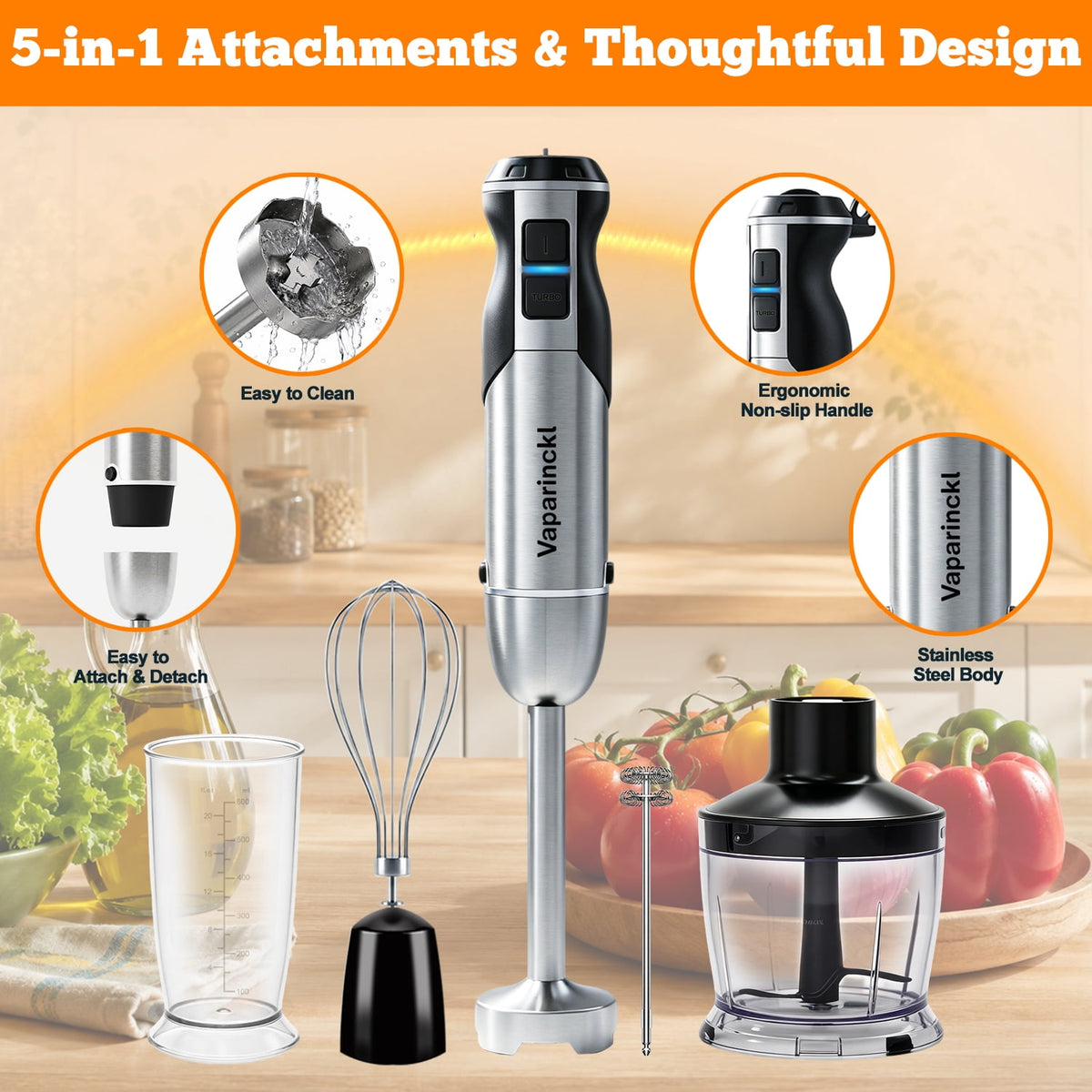 Vaparinckl Immersion Blender, 24-Speed 1100W Stainless Steel Handheld Blender, 5-in-1 with Turbo, Hand Mixer Stick Blender with Chopper, Beaker, Whisk,Milk Frother for Kitchen, Soups&Smoothies, Black