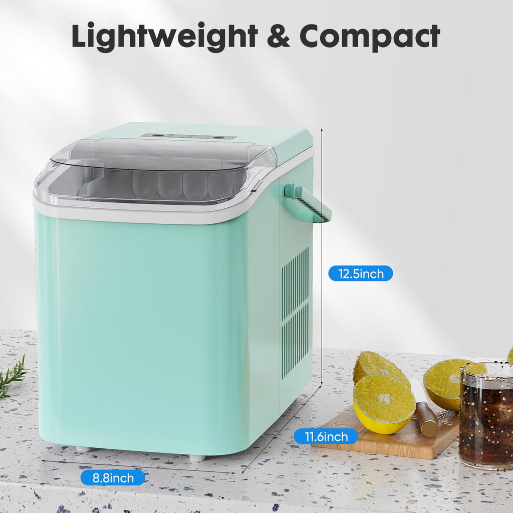 EDX Countertop Ice Maker, Self-Cleaning Portable Ice Maker Machine with Handle and Ice Scoop, Bullet Ice Cubes, 9Pcs/6Min 26.5Lbs/24H for Home/Kitchen/Bar/Party, Green