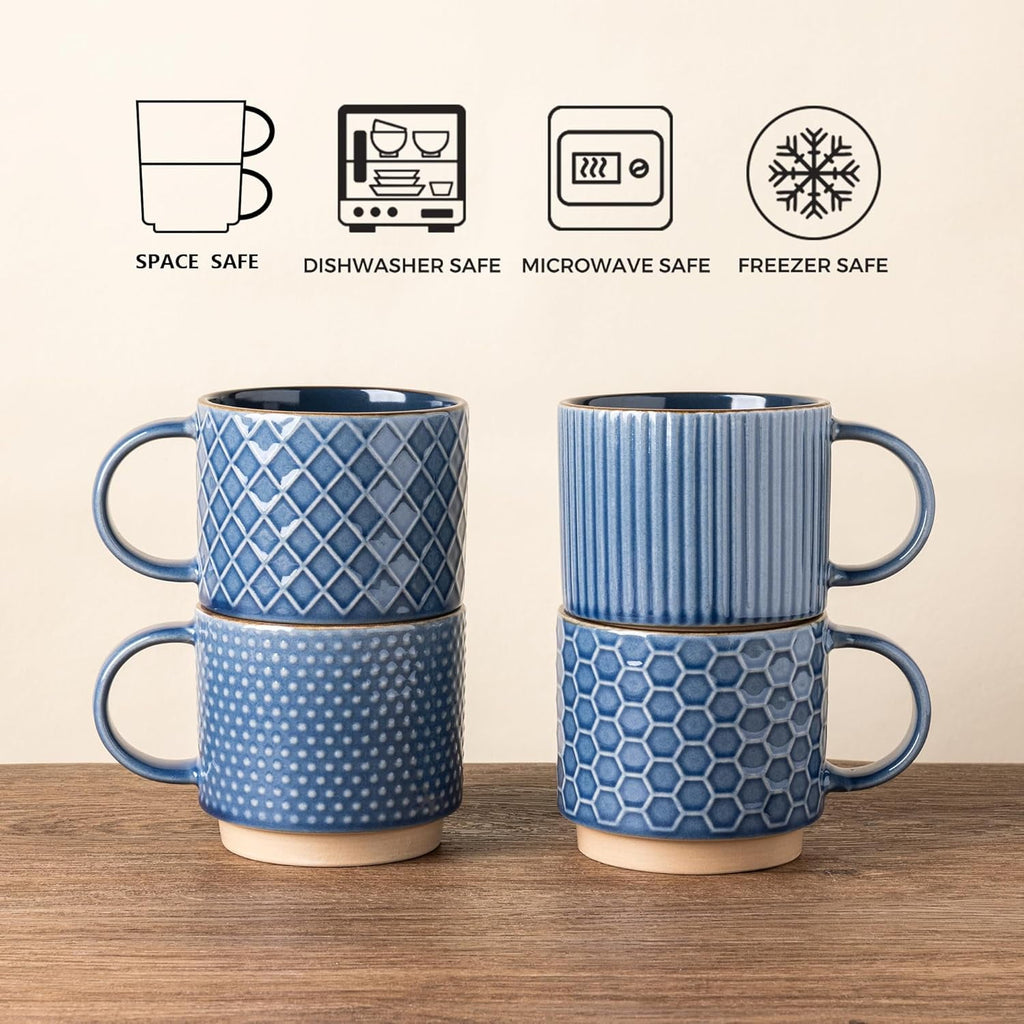 AmorArc 12OZ Stackable Ceramic Coffee Mugs with Texture Patterns, Modern Mug Set of 4 for Latte, Cappuccino and Cocoa, Dishwasher & Microwave Safe, off-white