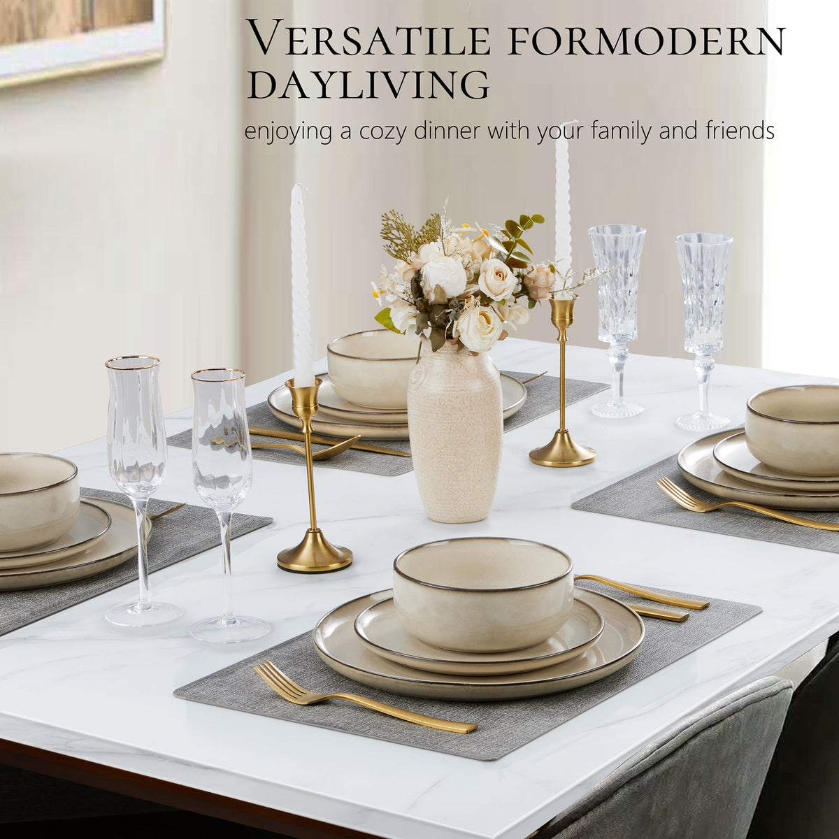 Vesteel Dinnerware Sets for 4, 12-Piece Stoneware Dish and Bowls Set, Handmade Reactive Glaze Coupe Plates Set for Family, Chip & Scratch Resistant - Matte Black