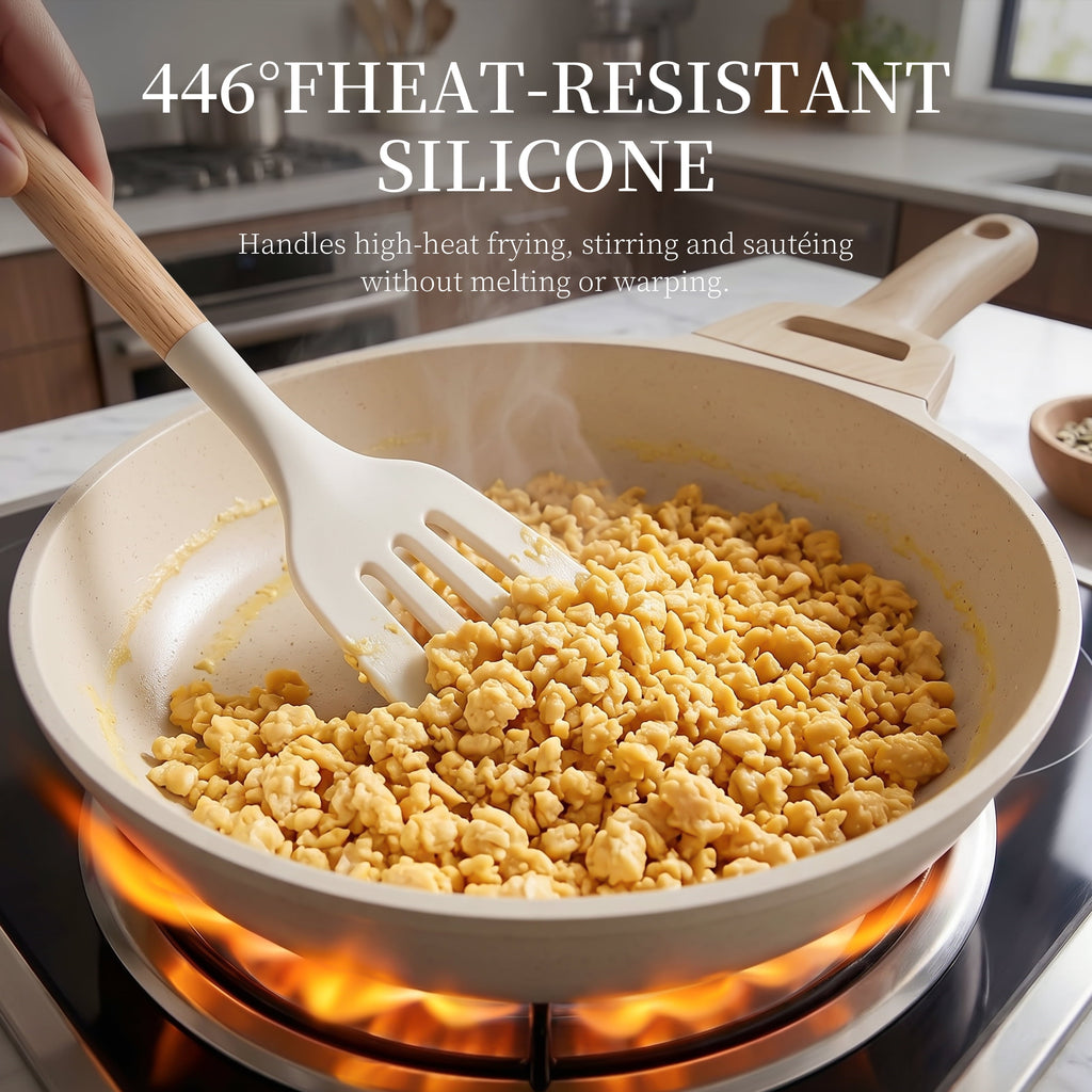 Silicone Cooking Utensils Set - Silicone Kitchen Utensils for Cooking Wooden Handles, 446°F Heat Resistant Kitchen Utensil Spatula Sets w Holder, Gadgets for Non-Stick Cookware BPA FREE (Black)