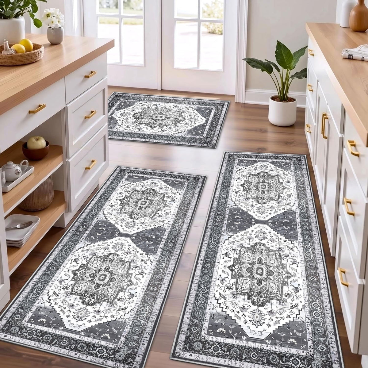 TECHVIDA Kitchen Rug Set 3 Piece,Non Slip Machine Washable Kitchen Mats, Farmhouse Hallway Doormat for Home Floor and Living Room,Gray