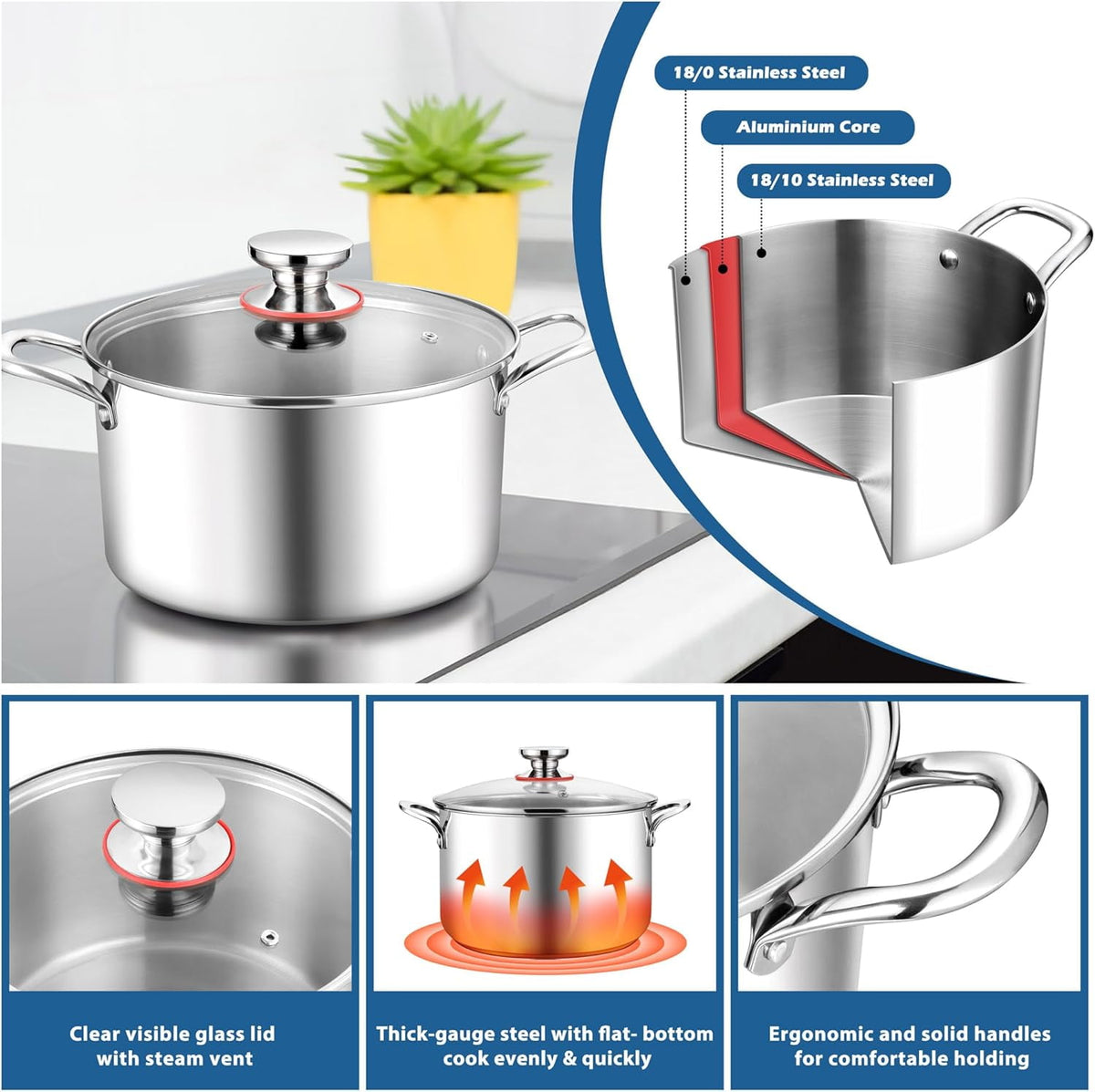 Coliware 8 QT Stainless Steel Stock Pot with Glass Lid, Cooking Soup Pot with 3-Ply Whole Clad for