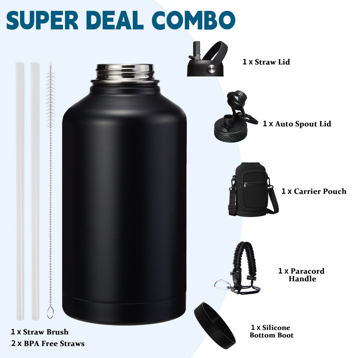 64 oz Water Bottle with Straw & Spout Lids - Half Gallon Insulated Water Bottle,Wide Mouth Metal Canteen Thermo Flask,Leak-proof Water Jug,Black