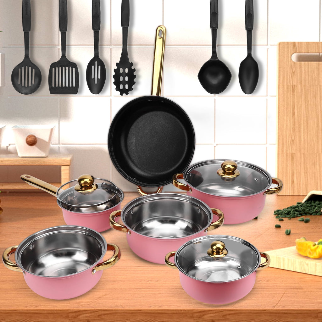 12 Piece Stainless Steel Cookware Set, Nonstick Cookware Set, Kitchen Pots and Pans Tea Kettle Set with Glass Lid for Cooking, Dishwasher, Pink