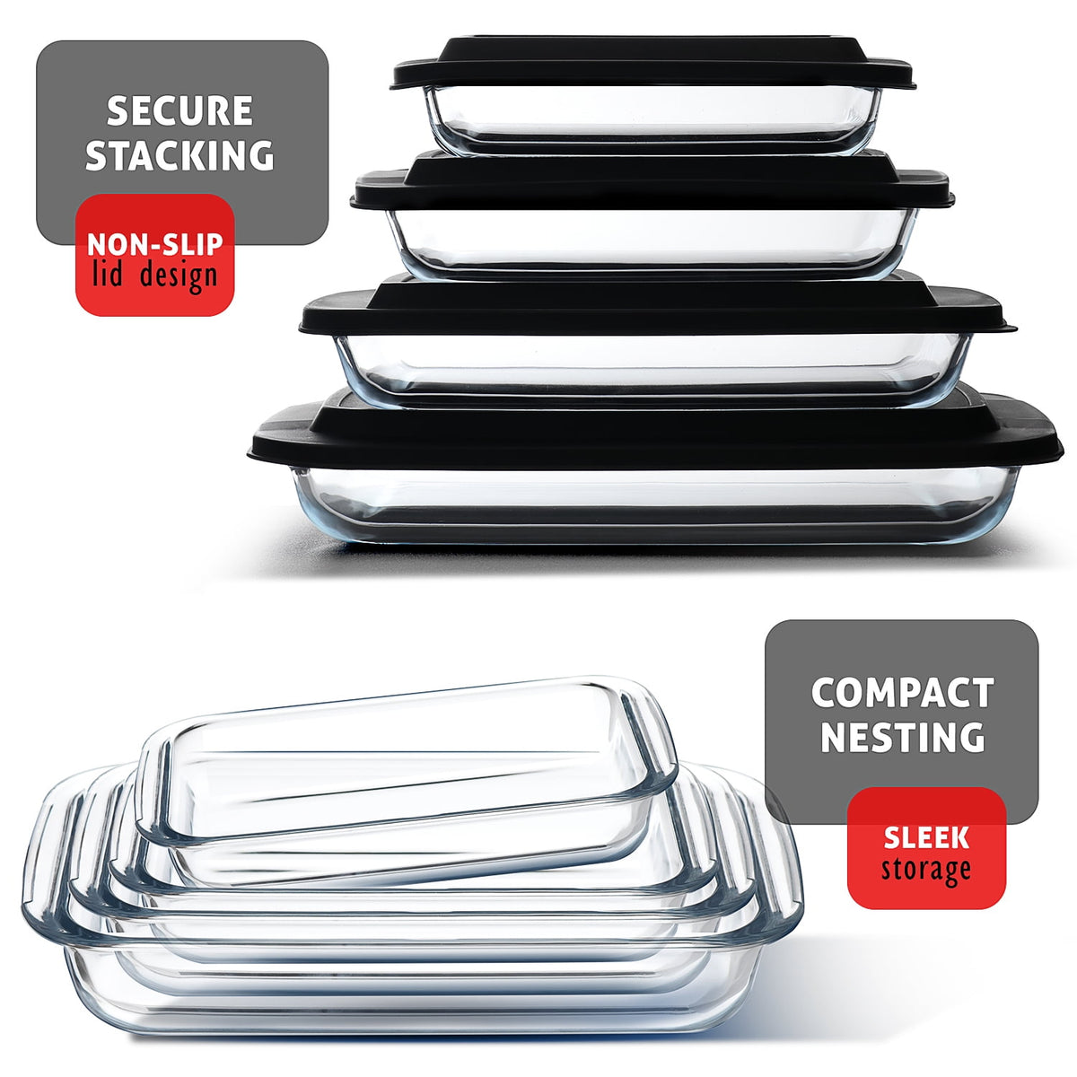 Virtu Casserole Glass Baking Dish, 8pc Stackable Glass Food Storage Containers with Airtight Lids and Grip Handles, Black