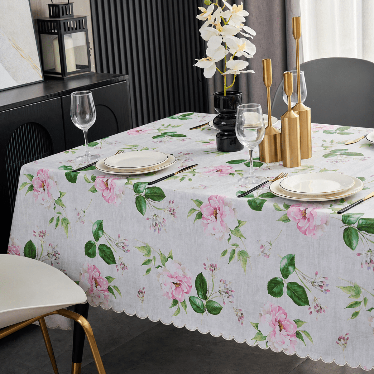 Verolix 84 x 60 inch Rectangular Tablecloth, Featuring Pink Floral Leaf Pattern, Made from Polyester Fabric for Dining Kitchen Home Decor