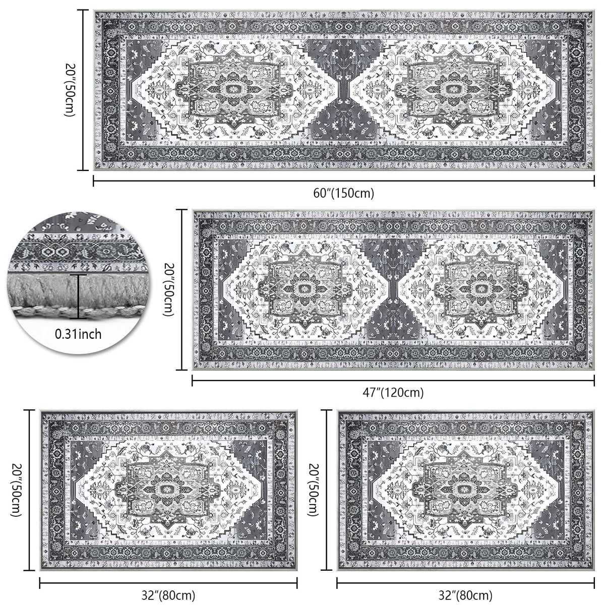 TECHVIDA Kitchen Rug Set 3 Piece,Non Slip Machine Washable Kitchen Mats, Farmhouse Hallway Doormat for Home Floor and Living Room,Gray
