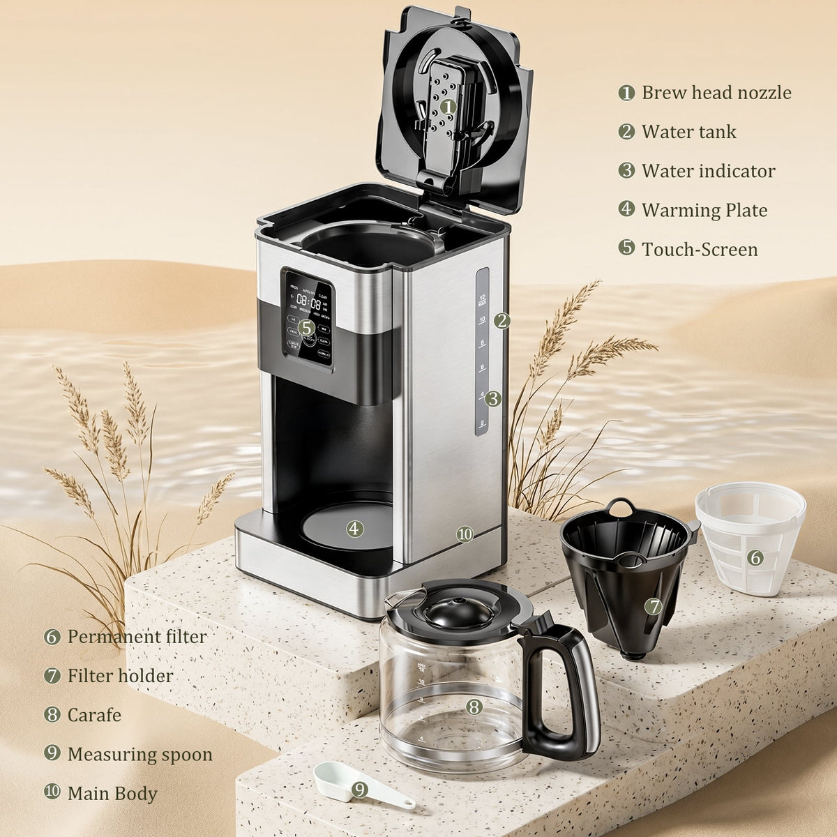 LINKChef Drip Coffee Maker 12 Cup Programmable Drip with Glass Carafe, 12-Hour Auto Brew Timer, Keep Warm Plate, Easy Clean Filter Basket