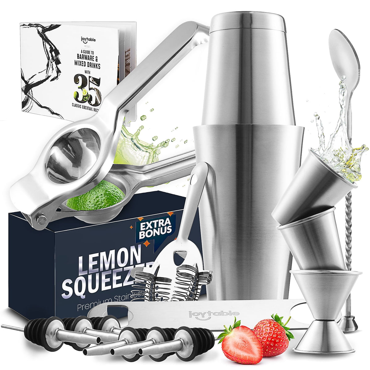 JoyTable 16pc Bartender Cocktail Shaker Set, Stainless Steel Bartender Kit Bar Tool Set, with All Bar Accessories Plus Lemon Squeezer and Great Recipe Book
