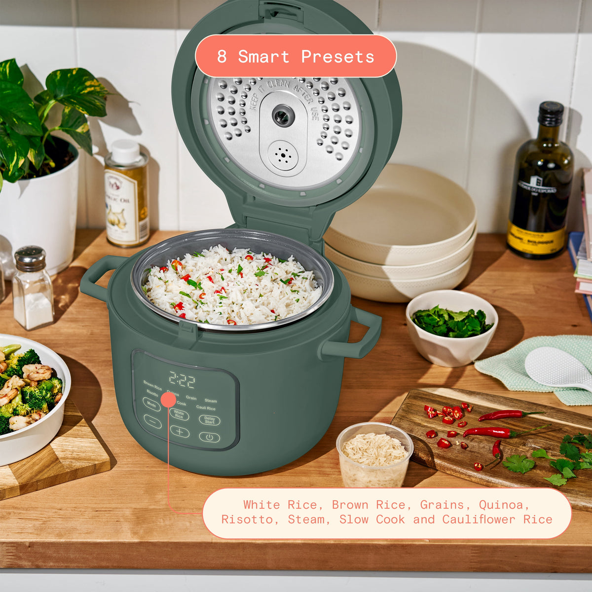 Beautiful 14-Cup Cooked, 6-Cups Uncooked Electric Rice and Grain Cooker, EverGood Ceramic Nonstick Coating, Thyme Green by Drew Barrymore
