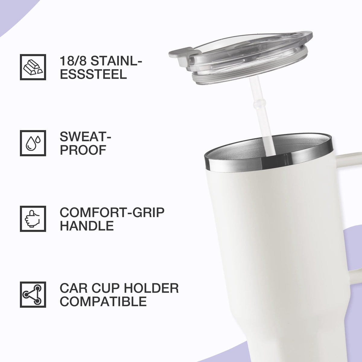 HONGBAKE 40 oz Tumbler with Handle and Straw Lid, Insulated Stainless Steel Tumbler, Travel Mug Fits Cup Holder, Dusty Lavender