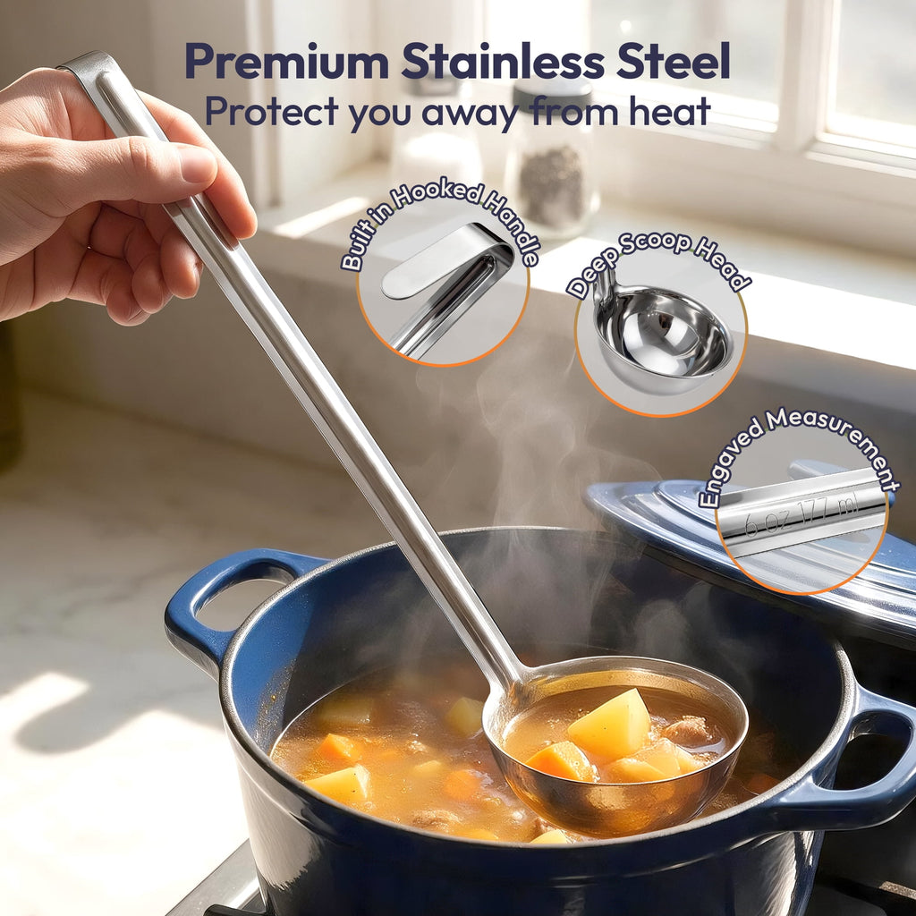 [2 Pack] 6 Oz Stainless Steel Soup Ladle - One-Piece Sauce Spatula with Hook Handles, Commercial Grade Serving Spoon, Kitchen Tool for Restaurant or Home Cooking, Mirror Finish, 14.25" Long