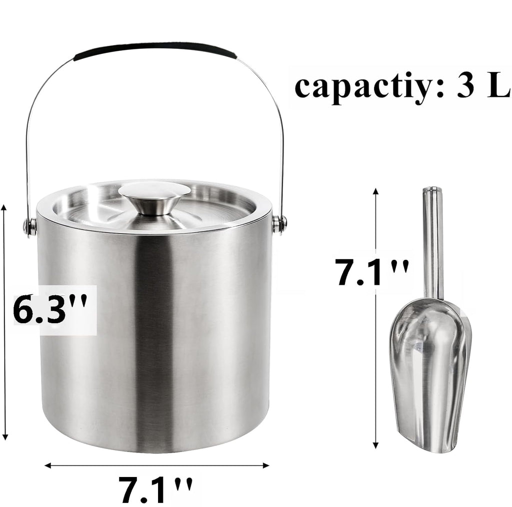 304 Stainless Steel Ice Bucket, 3L, Double Wall Insulated, with Lid, Carrying Handle and Ice Scoop, for Bar, Party, Outdoor