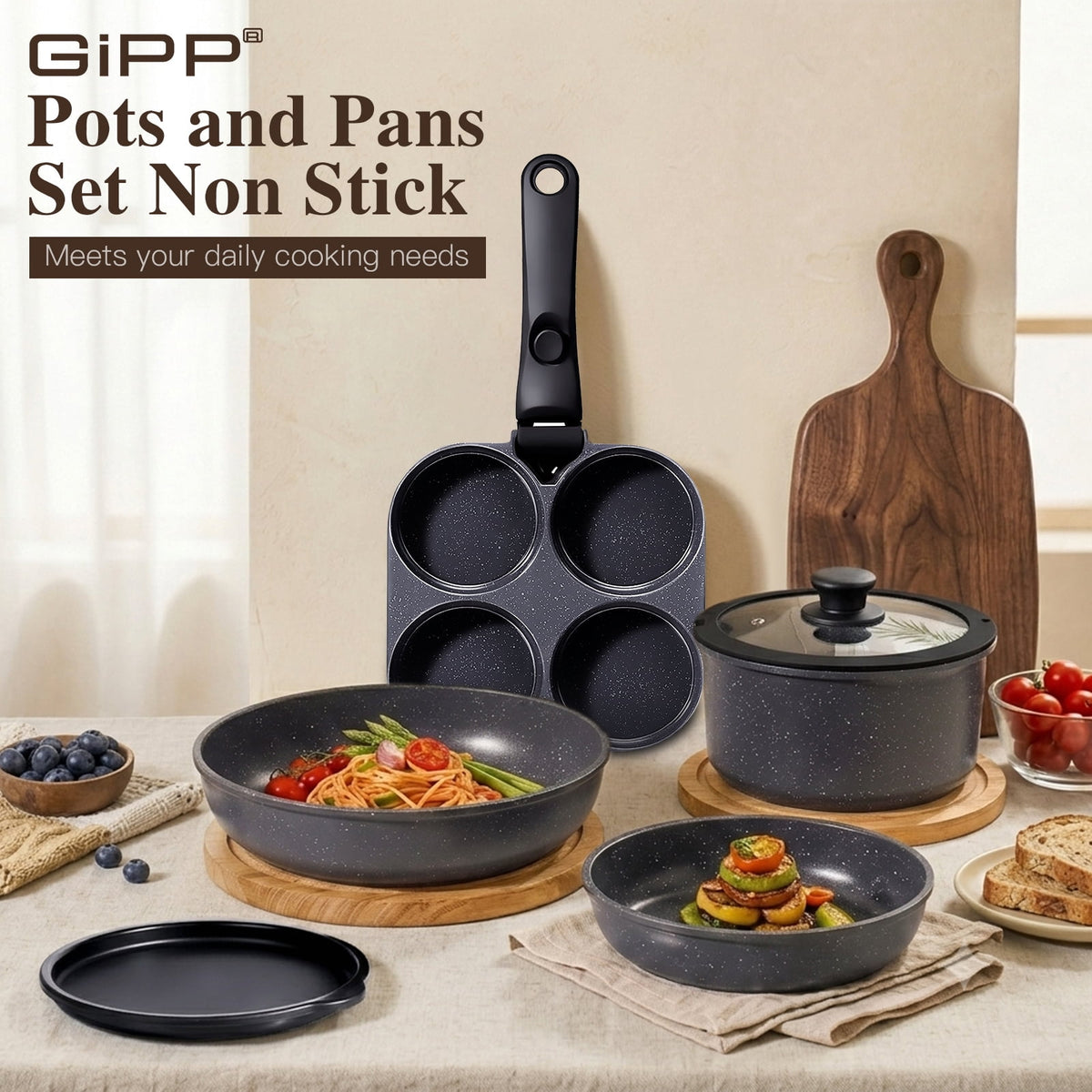 Gipp 11pcs Ceramic Cookware Sets, Pots and Pans Set Non Stick with Removable Handle, Oven & Dishwasher Safe,Induction Cookware