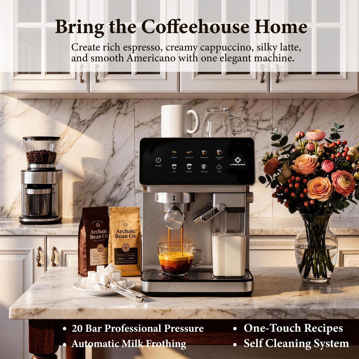 LINKChef Espresso Coffee Machine Maker with Milk Frother Semi-Automatic Cappuccino and Latte Machine for Home, Stainless Steel