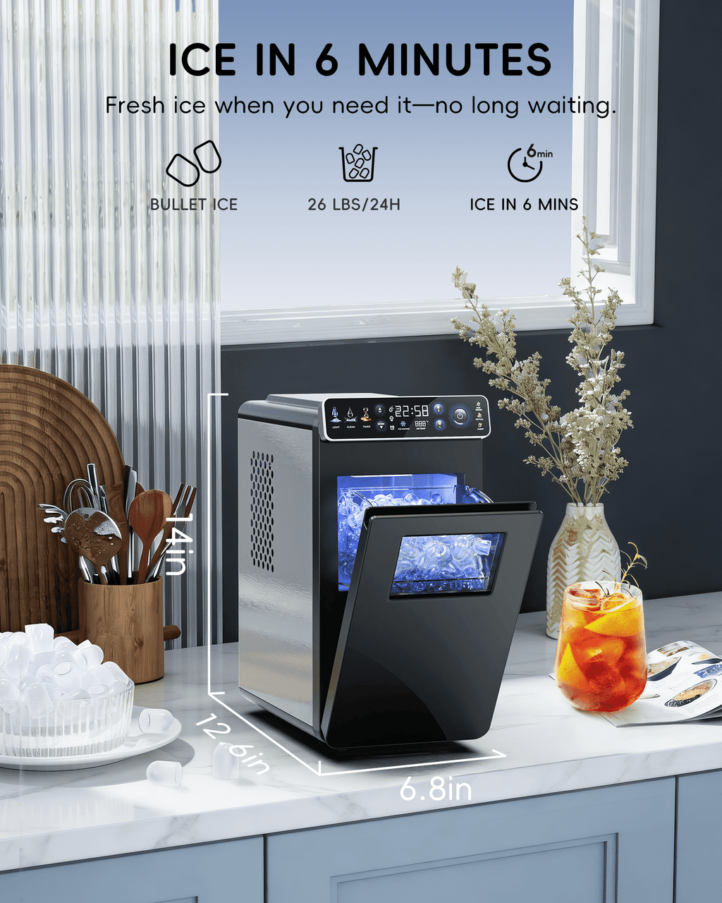Ecozy Chillio Countertop Ice Maker, Smart Ice Machine with Full-Color Display Panel and Built-in Lighting, Produces 26lbs/24H, Dual-Layer Insulation