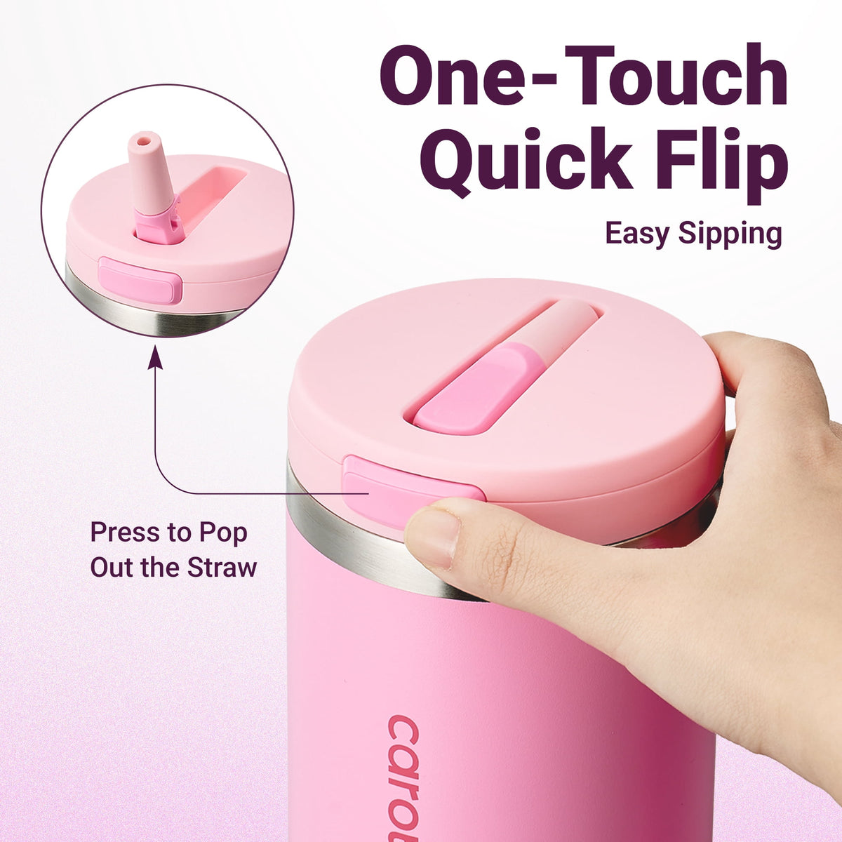 Carote Insulated Stainless Steel Tumbler with Handle and Lid, Leakproof Double Wall Vacuum Travel Mug, Reusable Cup for Hot & Cold Drinks, Pink, 32oz