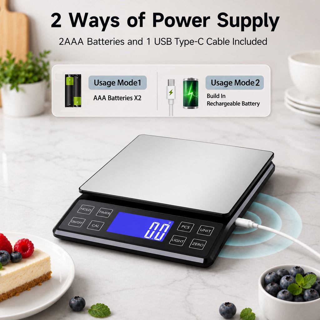 ZOWWKLLY Digital Food Kitchen Scale, Gram Scale 0.1g/0.001oz Accuracy,5kg/11lb Stainless Steel with 9 Units, Tare Function& LCD Display, USB Rechargeable & Battery Powered, Espresso, Baking, Cooking