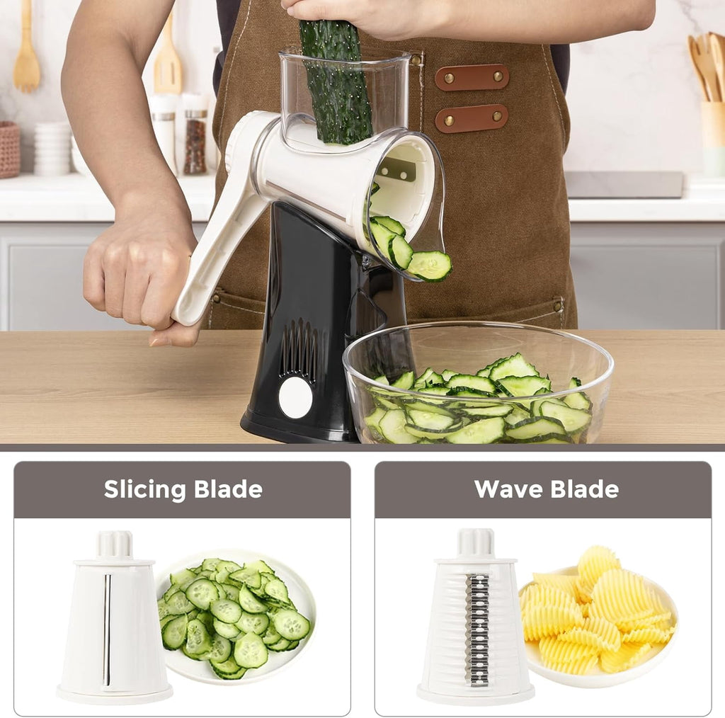 Premium Rotary Cheese Grater, Manual Cheese Grater for Kitchen, Handheld Vegetables Slicer Cheese Shredder with Rubber Suction Base, 3 Stainless Drum Blades Included,Blue