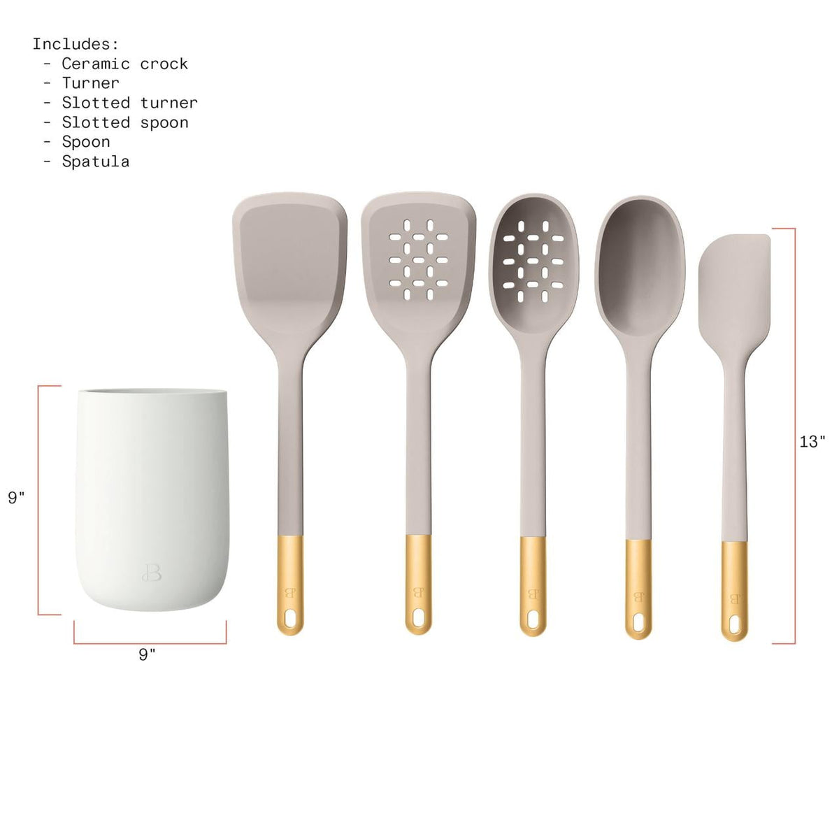 Beautiful 6-Piece Silicone Kitchen Tool Set with Ceramic Crock, Chocolate by Drew Barrymore