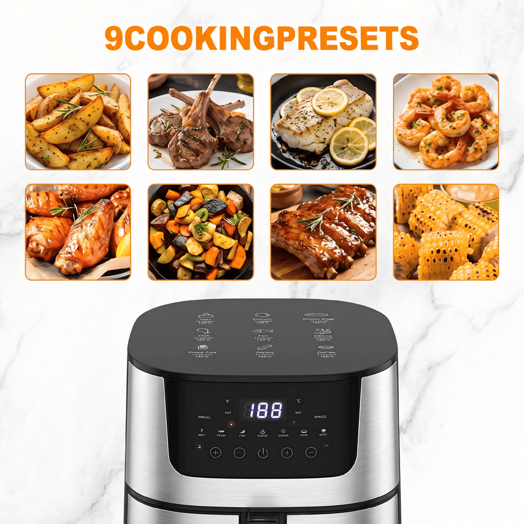 Yilush 7.5 Qt. Air Fryer 9 Functions w/ Touch Controls, HI-FRY Button, Stainless Steel（Black）