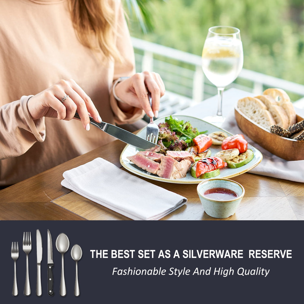 Bluebow 24-Piece Silverware Set with Steak Knives, Flatware Cutlery Set for 4, Food-Grade Stainless Steel Kitchen Tableware Set